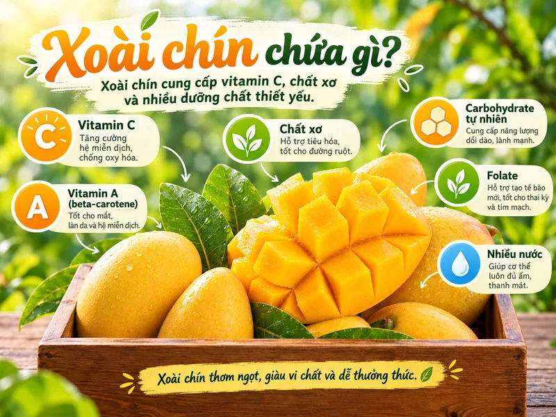 Xoài chín cung cấp vitamin C, chất xơ và nhiều dưỡng chất thiết yếu.