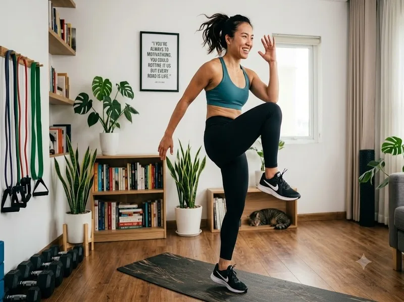 Đi bộ nâng gối tại chỗ giúp tăng nhịp tim mà không cần bật nhảy.