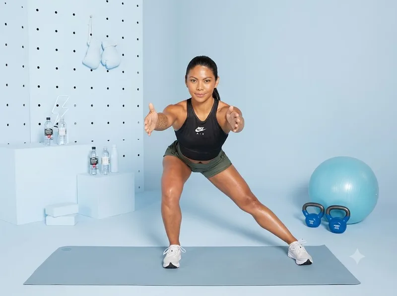 Squat nông kết hợp bước ngang giúp vận động cơ chân và tăng nhịp tim.